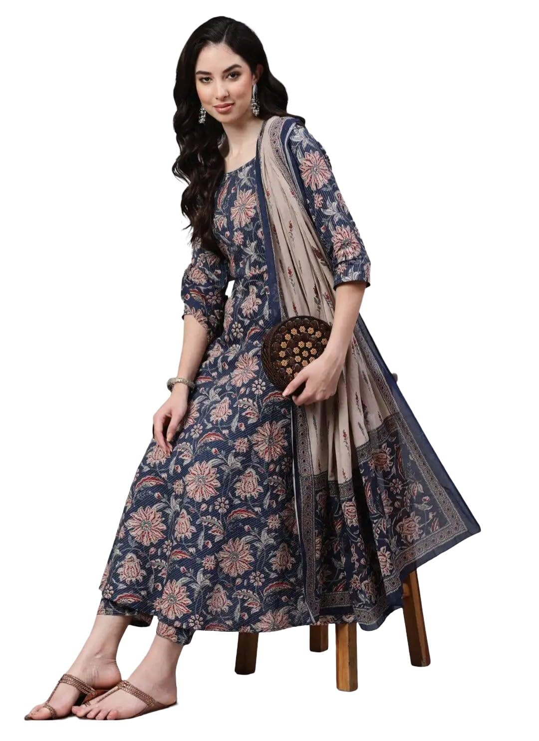 Women Printed Anarkali Kurta Set with Dupatta, Navy Blue and Beige Floral Design