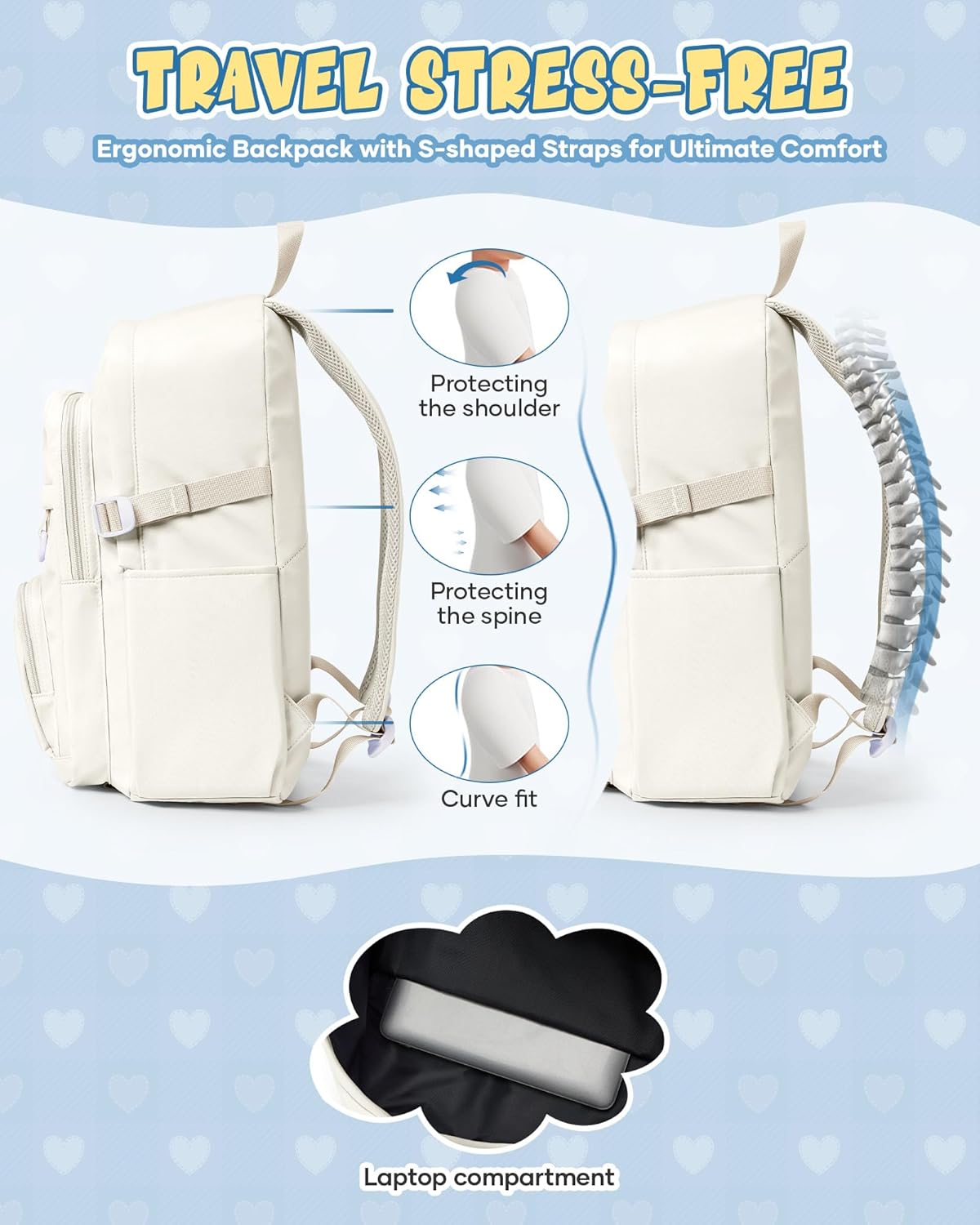 Lightweight Backpack for College & High School Backpack With Lots of Pockets Cute School Bag for Girls Boys, Large Capacity Bookbag for Women Men, Waterproof Teens Casual Daypack Backpack(Beige) - Image 6