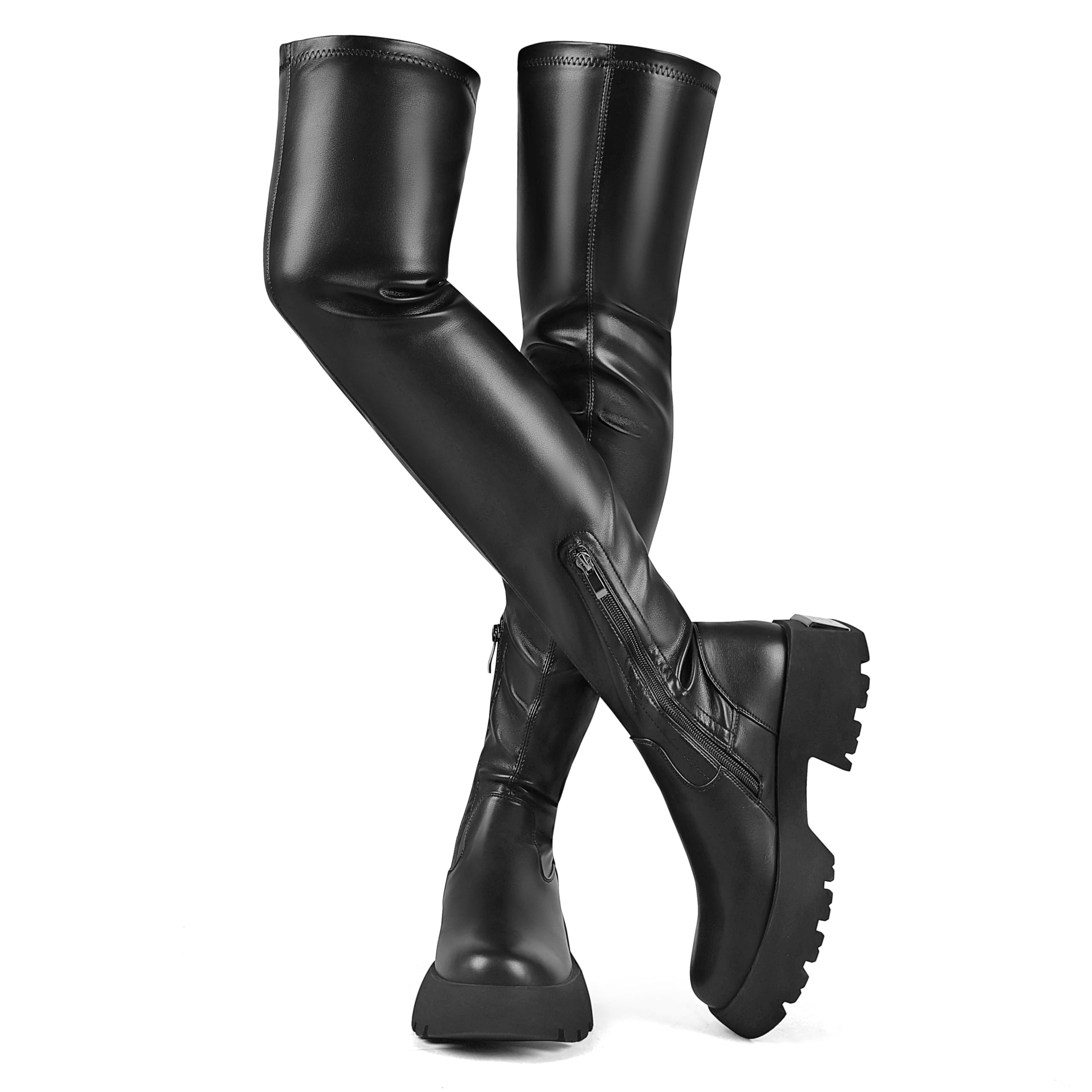 CouieCuies Women's Over the Knee Boots Black Thigh High Boots Platform Knee High Lug Sole Comfortable Stretch Mid Heel Half Zipper