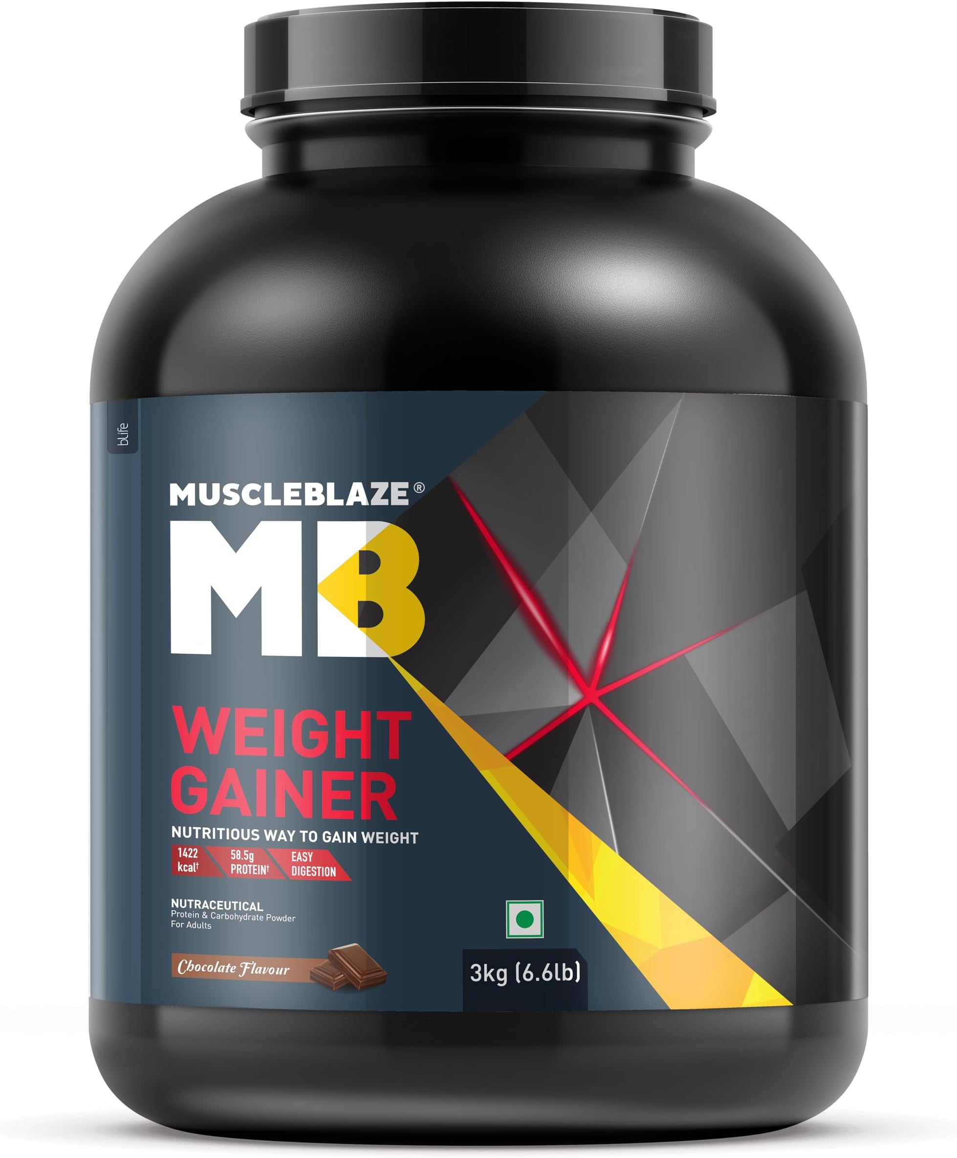 MuscleBlaze Weight Gainer Powder with Added Digezyme, Chocolate (30 Servings, 3kg / 6.6lbs) | 12g Protein, 72g Carbs Per Scoop | Nutritious Way to Gain Weight