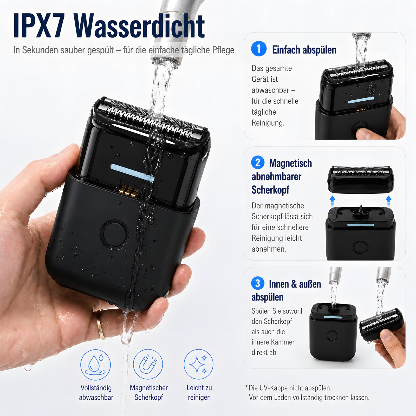 Rasierer Herren Elektrisch, Protable Folienrasierer mit doppelter schwimmender Klinge & UV-Lampe, IPX7 Elektrischer Kabelloses Rasiermesser mit Reiseschloss, USB-C wiederaufladbarer Trimmer für Männer