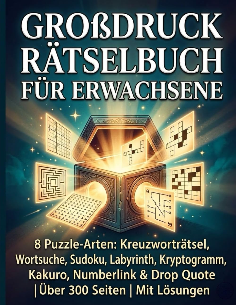 Großdruck Rätselbuch für Erwachsene: 8 Puzzle-Arten: Kreuzworträtsel, Wortsuche, Sudoku, Labyrinth, Kryptogramm, Kakuro, Numberlink & Drop Quote | Über 300 Seiten | Mit Lösungen