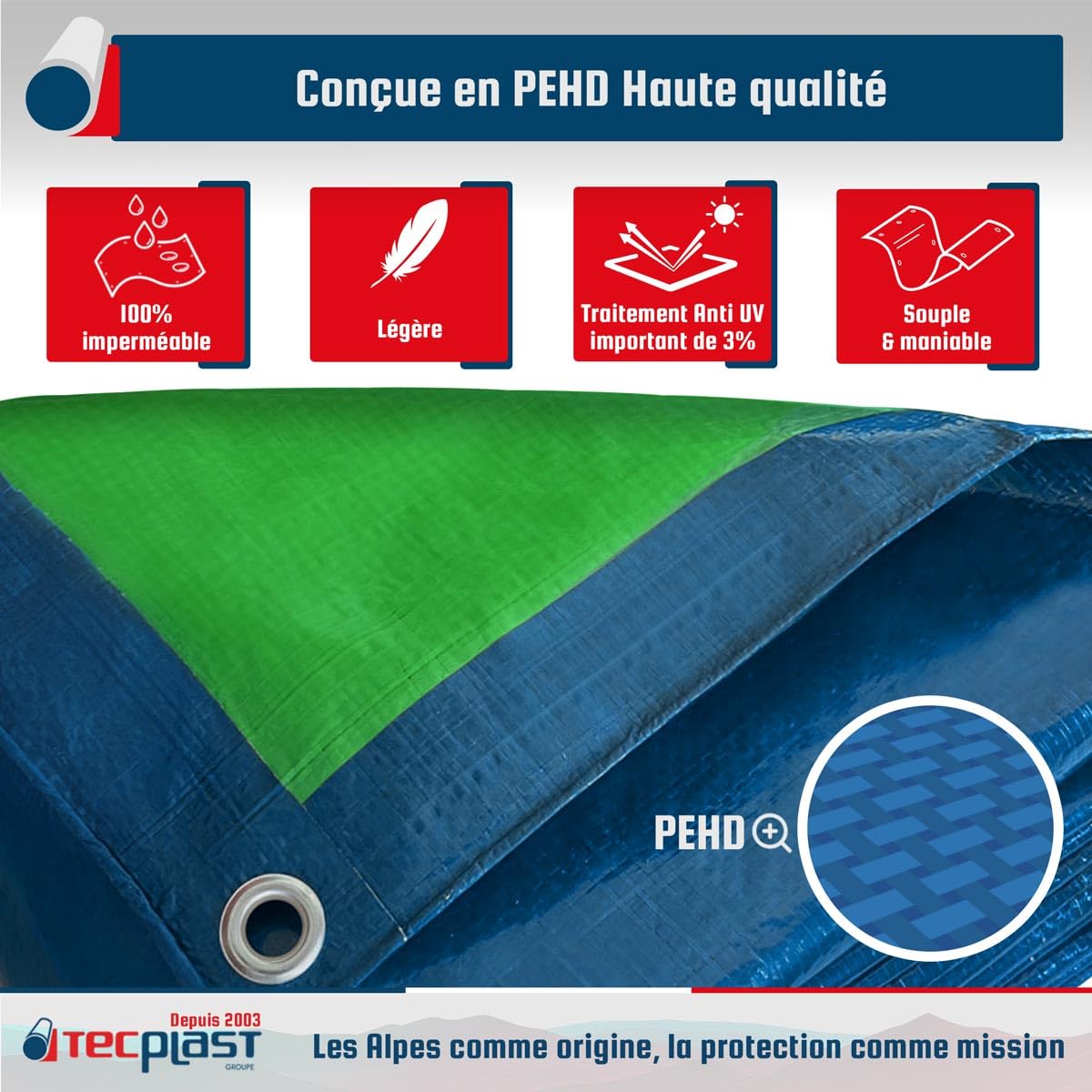 TECPLAST Bâche Jardin 8x12 m SR150JD Bleue et Verte - Haute Qualité - Bâche d'extérieur imperméable avec Oeillets