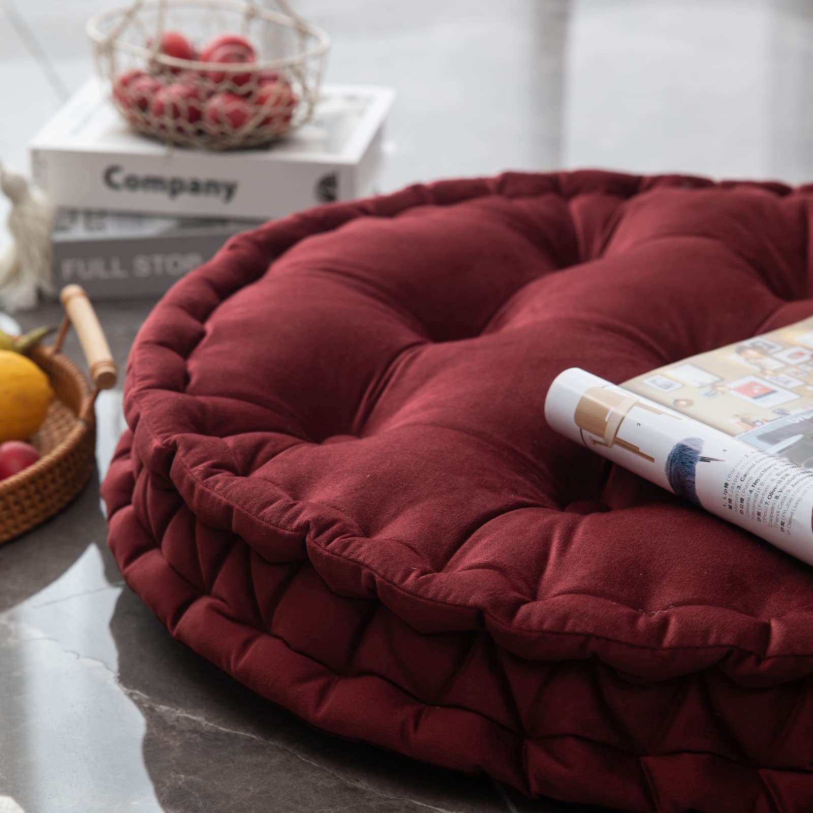 Cojínes De Suelo Redondo Color SóLido Terciopelo Holandés Cojín De Piso Grande para Adultos Sala De Estar Dormitorio Aula Meditación De Yoga Al Aire Libre CojíN De Suelo Grande,Rojo,60cm