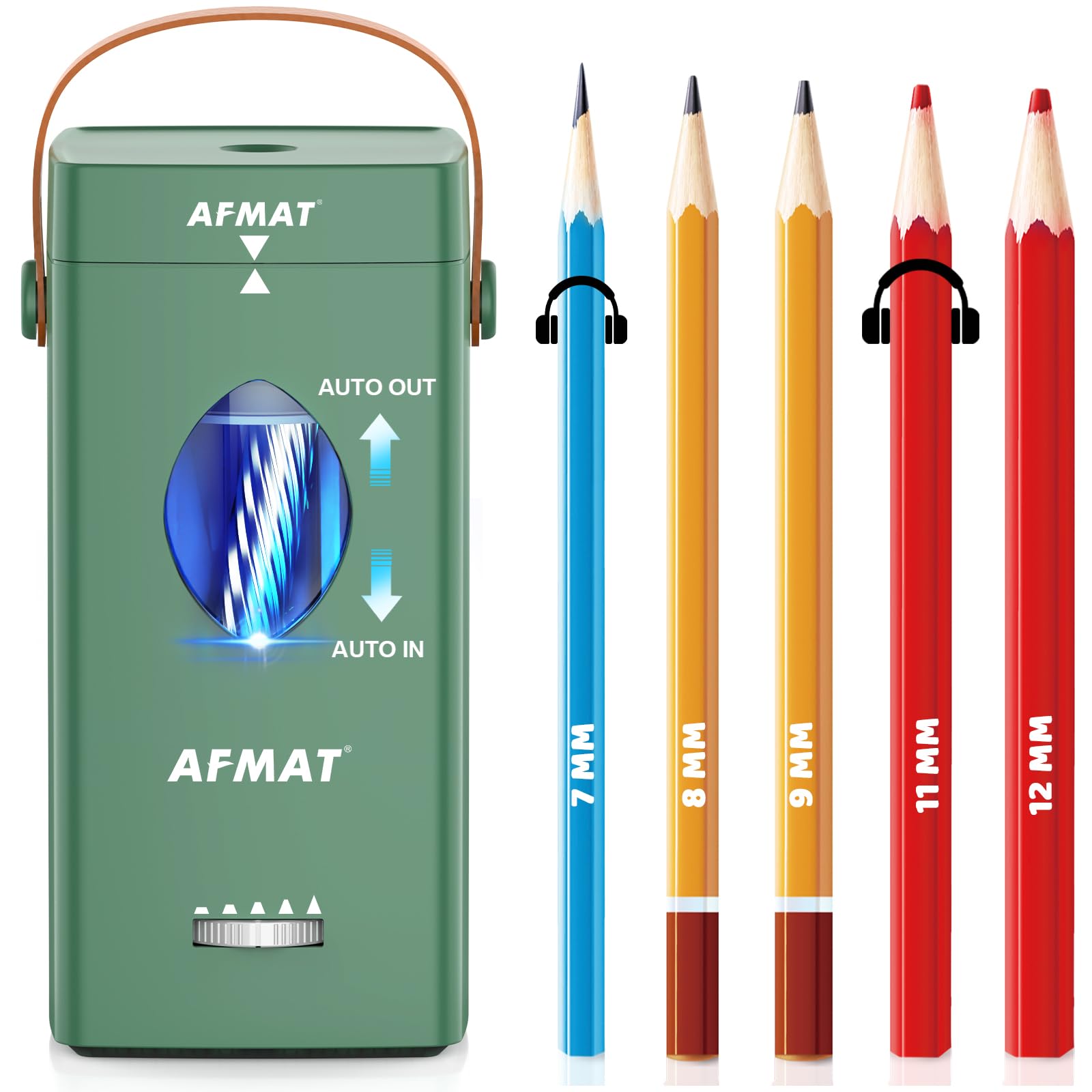 AFMAT Electric Pencil Sharpener, Hands-Free Portable Sharpener with Handle, Auto in & Out, 5 Tip Settings for Large Pencils 6.5-12mm, Super Fast Pencil Sharpeners for Teachers Artists Office,GreenPSC7