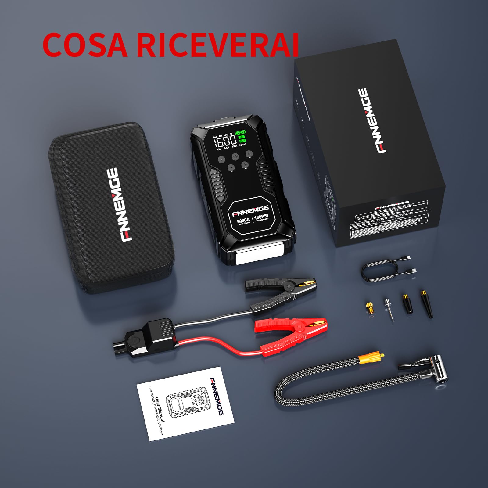 FNNEMGE Avviatore Batteria Auto, 9000A & 26800mAh & 160PSI Avviatore Emergenza per Auto con Compressore Aria (Tutti i Veicoli a Benzina o 12,0L Diesel), Avviatore di Emergenza, con di HD LCD Display.