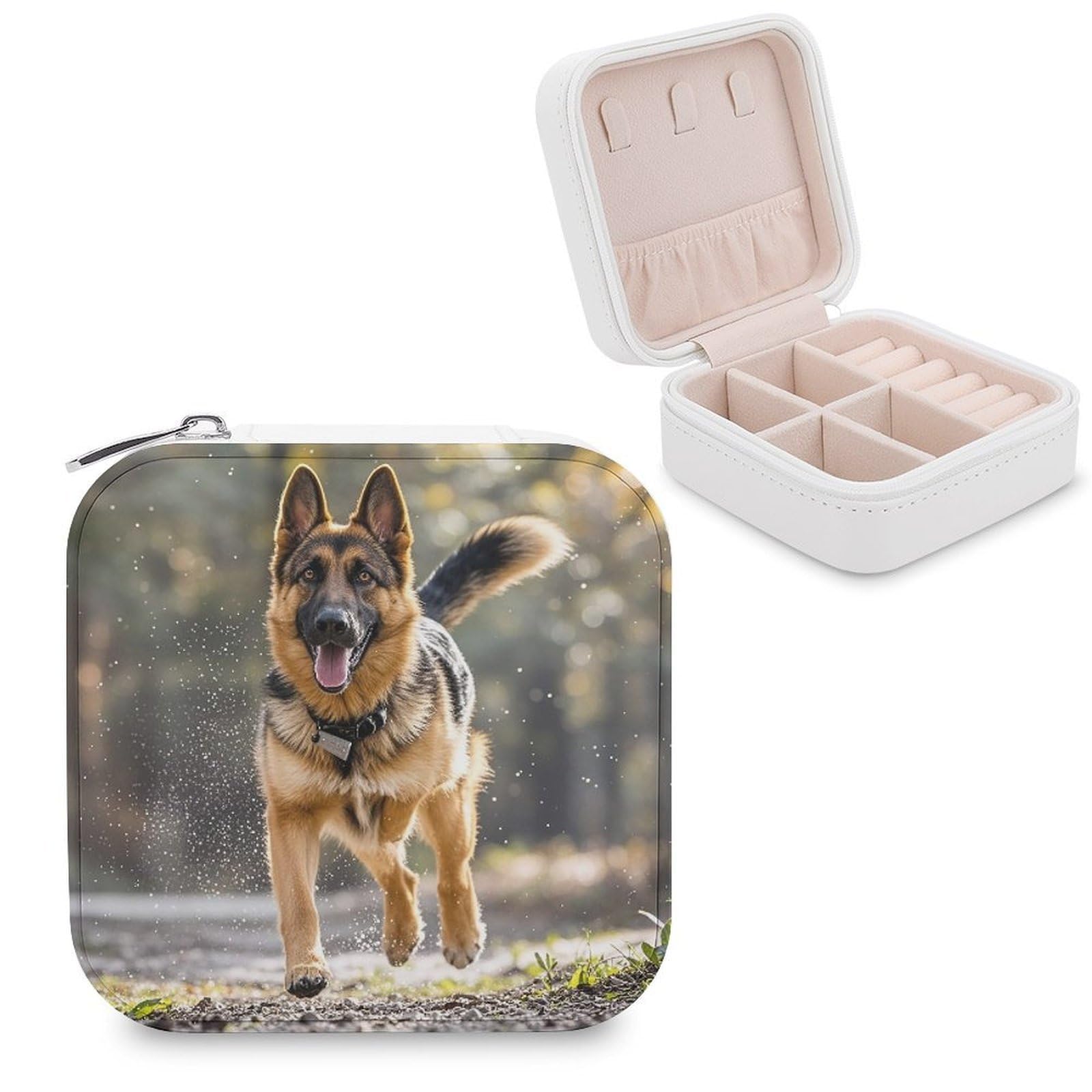 LZQPOEAS Running German Shepherd Dog Jewelry Box Mini Jewelry Travel Case Trendy Stuff Ring Box Custom PU Leather Jewelry Boxes Portable Jewelry Case Earring Storage Organizer for Girls Women