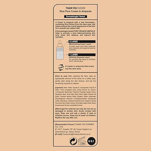 Miniatura 8 de THANKYOU FARMER Crema pura de arroz en ampolla, fórmula de doble capa, piel de vidrio, probada por dermatólogos, extractos de arroz coreano,
