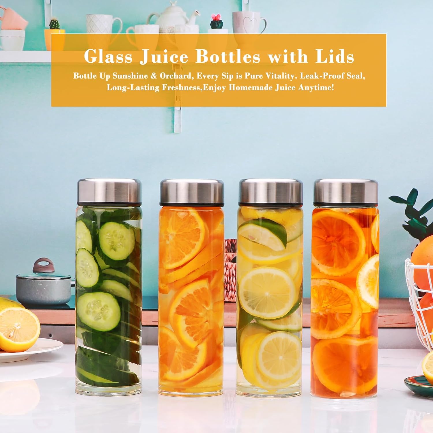 16oz Juice Bottles with Lids,4 Pack Wide Mouth Glass Bottles with Stainless Steel Cap,Reusable Glass Water Bottles for Juicing, Smoothies, Infused Water,Beverage Storage,BPA Free,Leakproof - Image 8