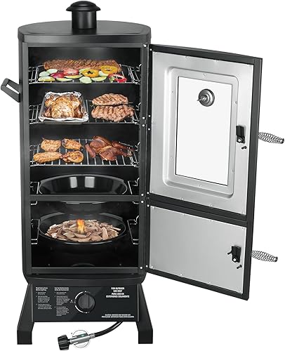 Miniatura 2 de Ahumador de propano con tapa, parrilla vertical para ahumar gas de carne, resistente al aire libre, 3 estantes extraíbles para ahumar, color negro