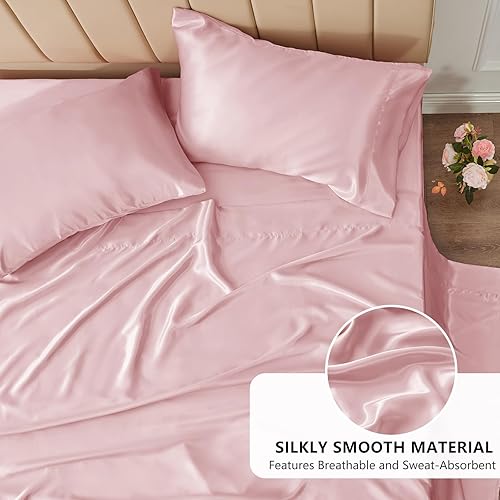Miniatura 3 de CozyLux Sábanas de satén tamaño King  Juego de sábanas de 4 piezas color rosa con microfibra sedosa, 1 sábana bajera de bolsillo profundo, 1 sábana