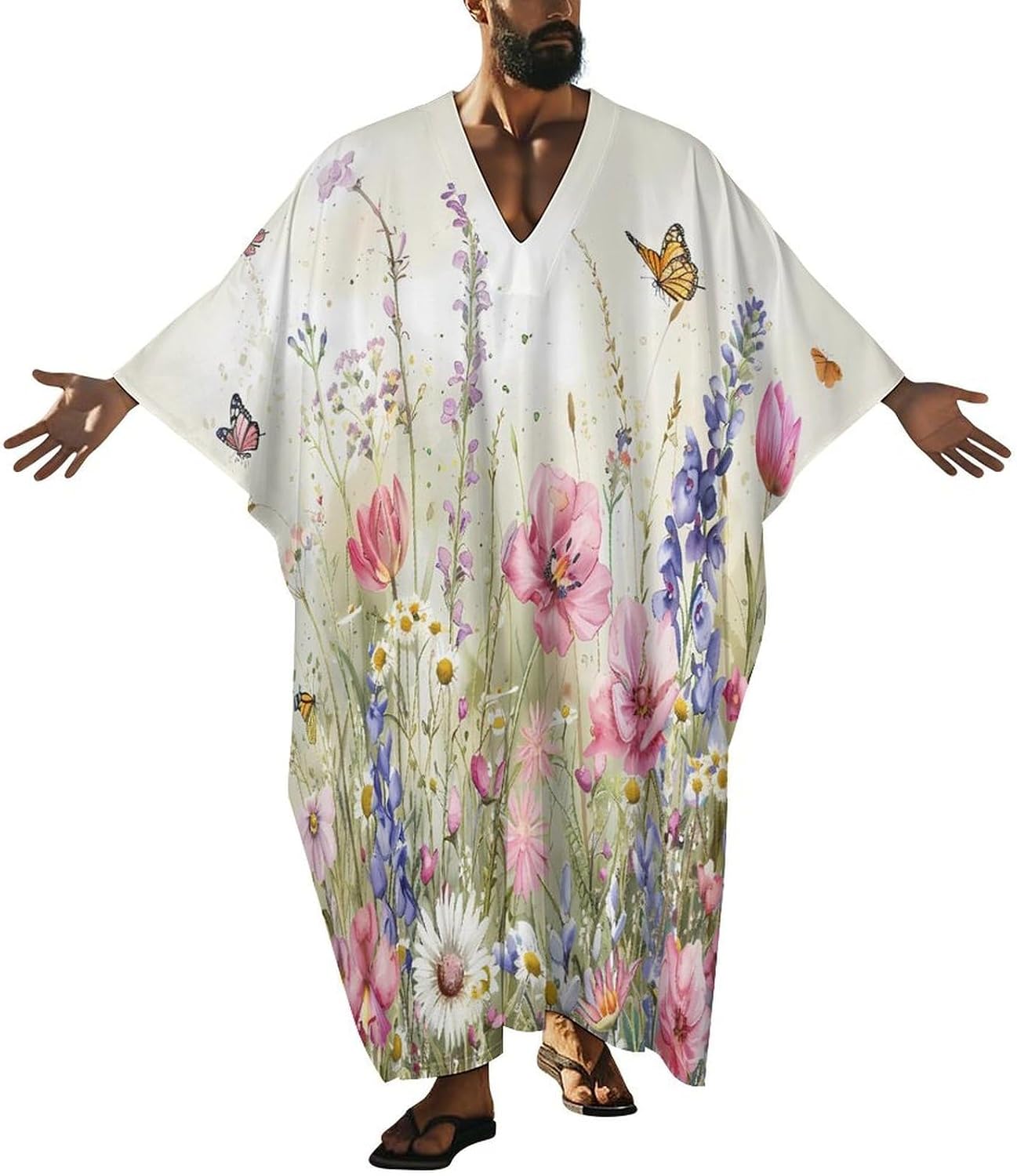 Watercolor Flowers Butterflies Men's Kaftan Thobe V-Neck Long Gown Loose Robe