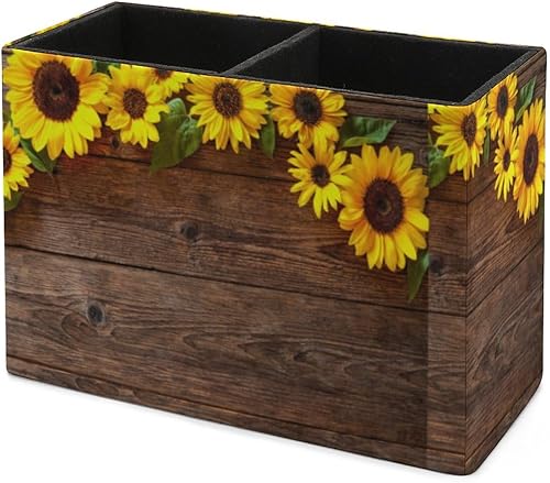 Miniatura 7 de Soporte para bolígrafos, soporte para lápices para organizador de escritorio, girasol floral de madera, tazas de cuero sintético, almacenamiento de