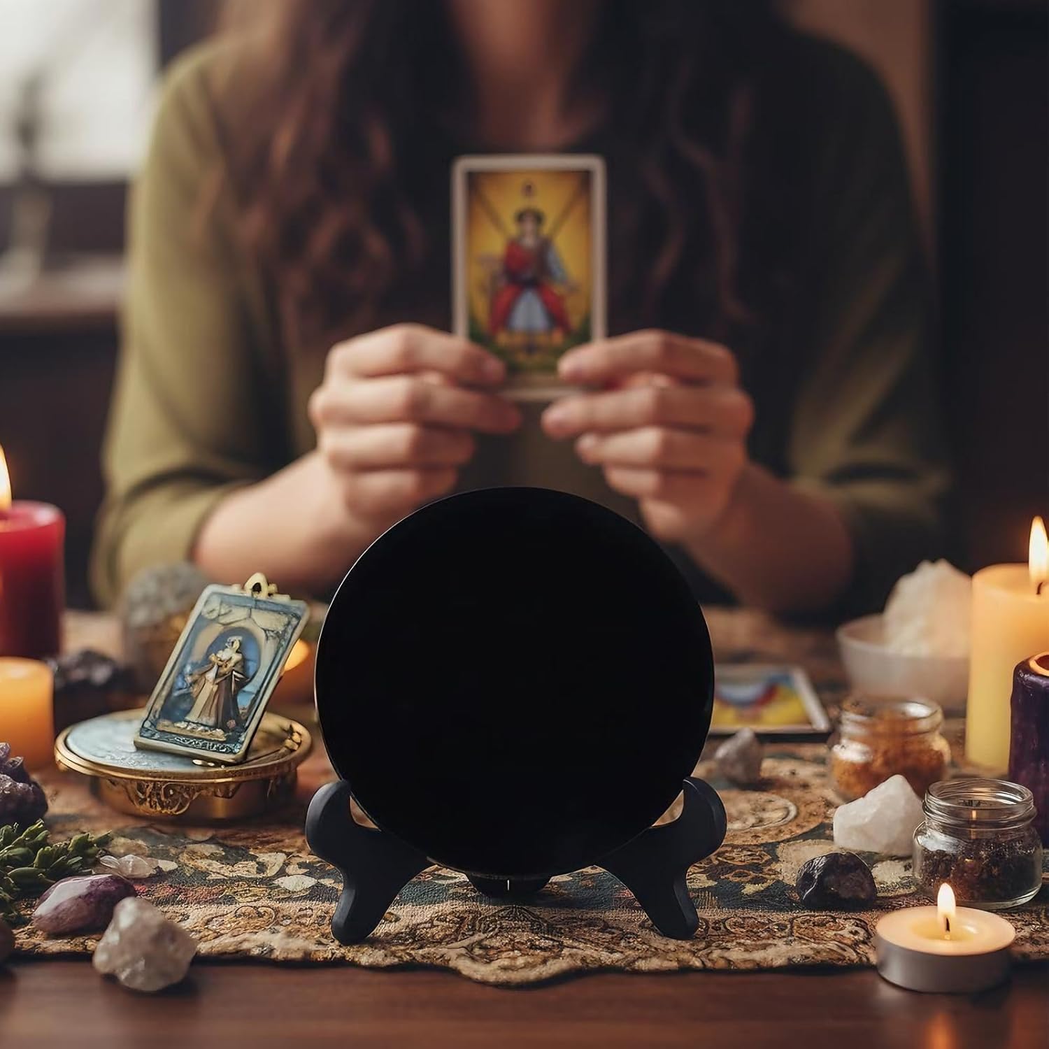 Black Obsidian Scrying Mirror, Black Obsidian Feng Shui Mirror with Stand and Storage Pouch, Suitable for Meditation, Healing and Divination. (120mm(4.72In))