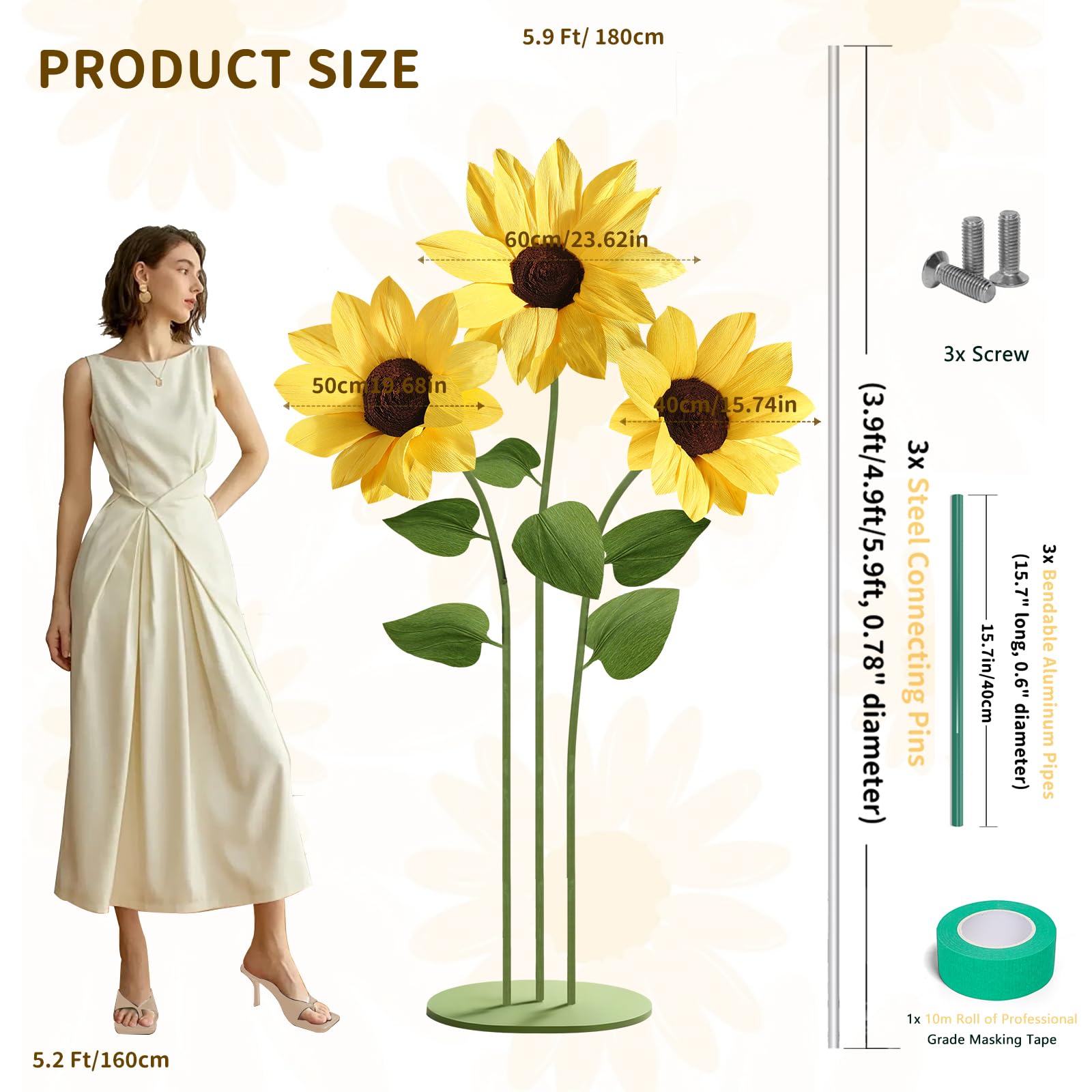 Mverse Lot de 3 tournesols géants en papier avec base en métal autonome pour toile de fond de mariage, accessoire de photomaton d'événement, décoration de fête d'anniversaire et présentoir de magasin