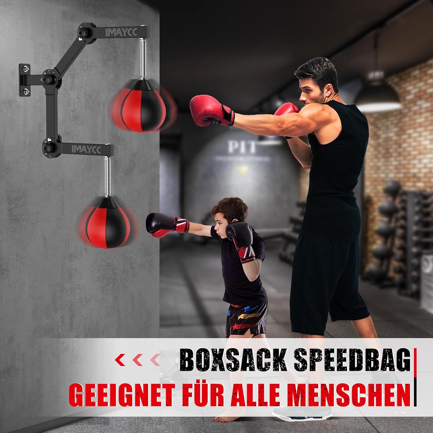 Adult and child using the speed bag for boxing training