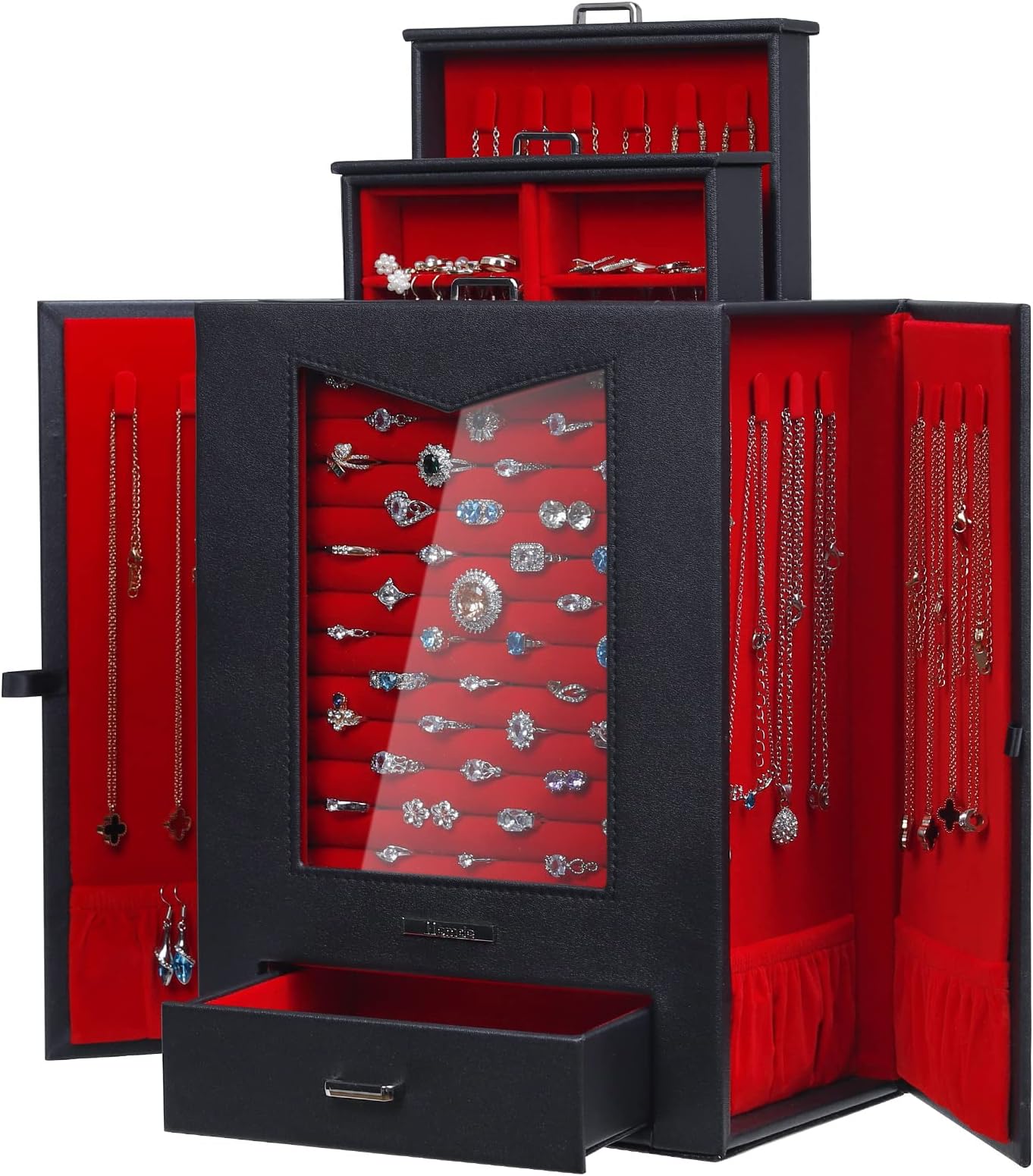 HomdeJewelry Organizer with Transparent Window Necklace Hooks Gift for Women Jewelry Box Display Case for Necklaces Rings Earrings Bracelets and Other Jewelry Accessories (Black + Red)