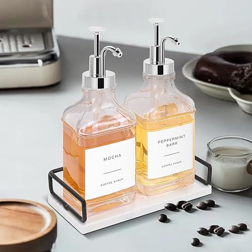 Miniatura 5 de BathAce Dispensador de jarabe de café con bandeja de mármol, botellas de jarabe de vidrio transparente con bomba, 2 dispensadores de jarabe de arce