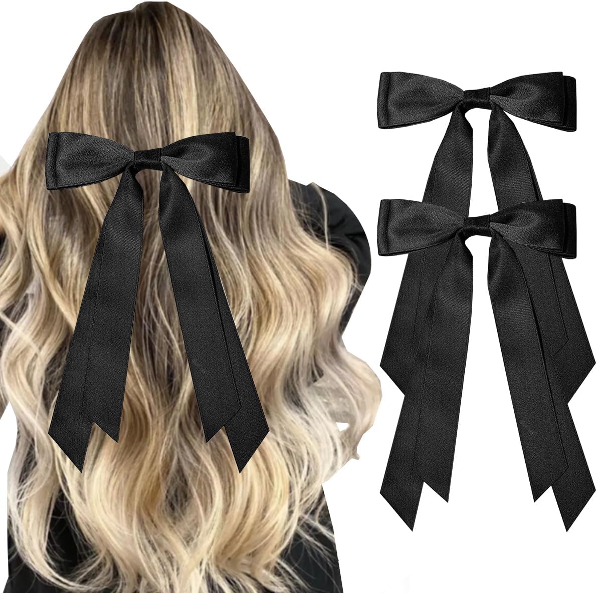 JOYOYO Hair Clip, 1Pcs Silky Satin Large Hair Bow Ribbon Clips For Women And Girls, Giant Long Bow Hair Clips Ponytail Holder Silk Big Hair Clips Accessories, Blue - View #7