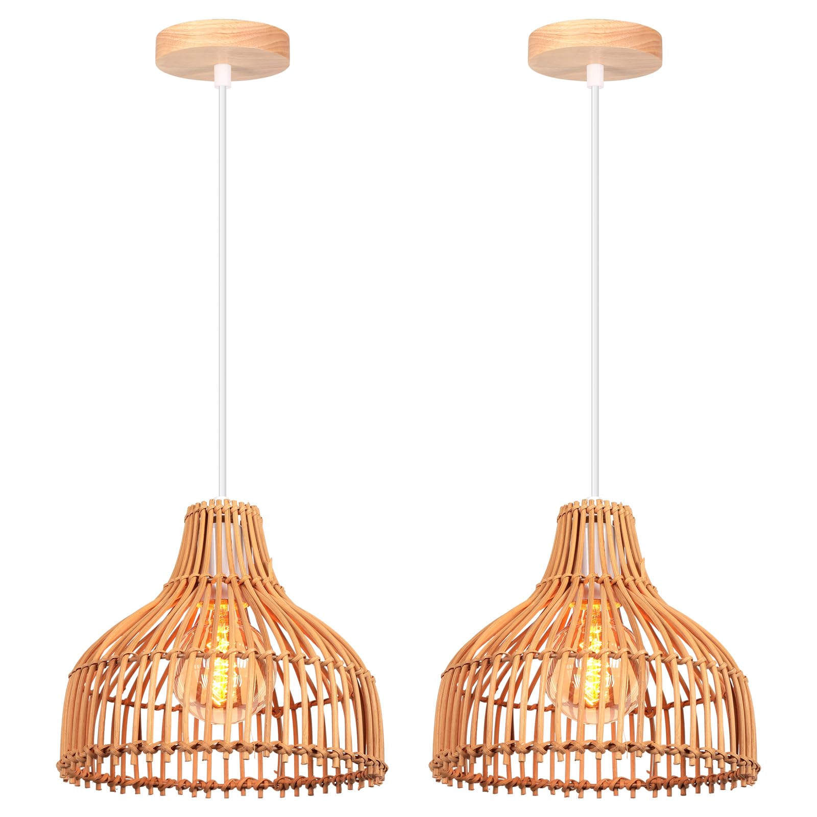 2 Pezzi Lampade a Sospensione Rattan E27 Lampadario Vintage Ø24cm Paralume Bambù Lampadari, Boho Lampada da soffitto Legno per Salotti Cucine Ristoranti Caffè
