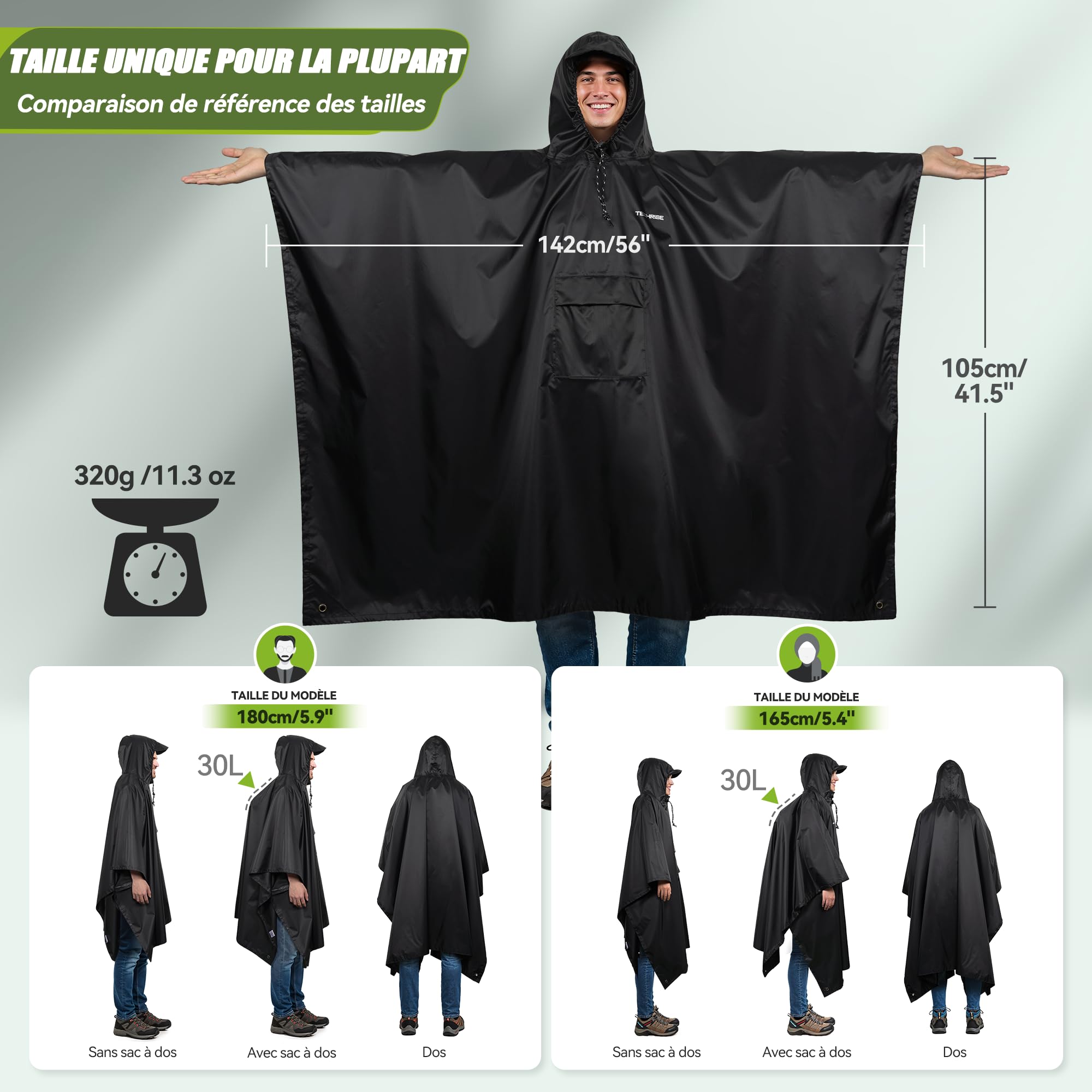 TechRise Poncho de Pluie Imperméable Unisexe à Capuche | Ultra-léger compact en EVA réutilisable, multifonction pour randonnée, camping, pêche et cyclisme