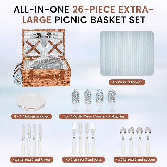 HappyPicnic Wicker Picnic Basket Set for 4 Persons with Cooler & Blanket