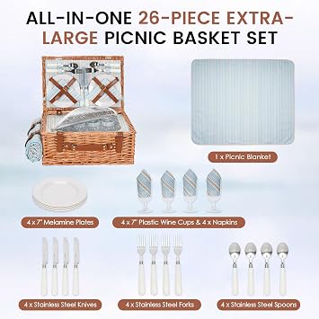 HappyPicnic Wicker Picnic Basket Set for 4 Persons with Cooler & Blanket