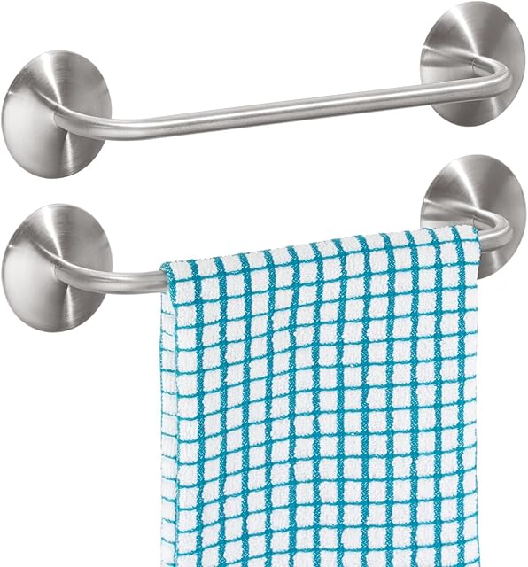mDesign Self-Adhesive Kitchen Towel Rail - Set of 2 - Durable Stainless Steel Dish Cloth and Towel Rack - Stick-On Towel Holders for The Kitchen - Matte Silver