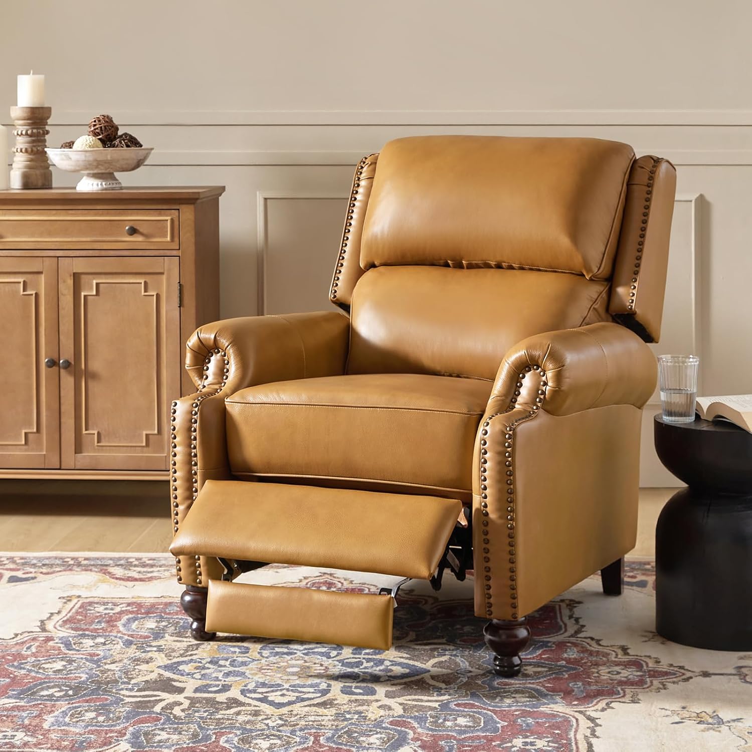 HULALA HOME Genuine Leather Wingback Recliner Chairs Set of 2 with Thick Cushioned Seat, Traditional Push Back Leather Recliner with Nailhead Trim, Camel