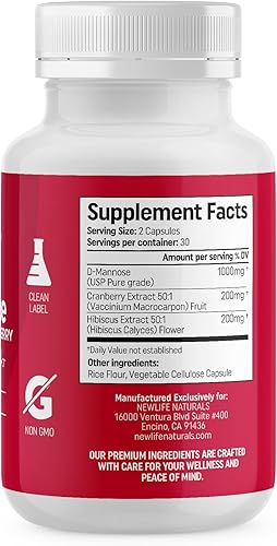 Miniatura 10 de NewLife Naturals D Cápsulas de manosa Suplemento de arándano Infección del tracto urinario UTI 1400 mg Dmannose Arándano Hibisco Flor 120 cápsulas
