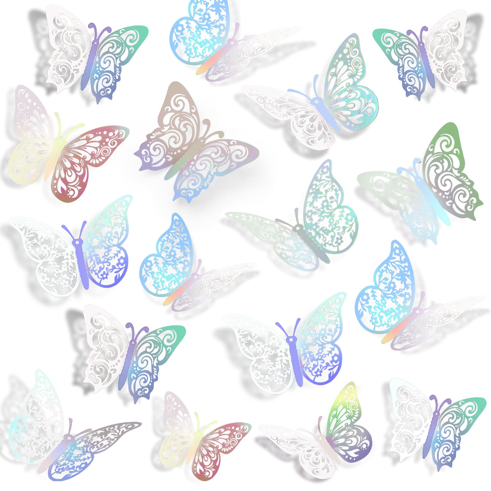 Crosize 72 Pcs Rainbow Silver Butterfly Wall Stickers, 3 Sizes 3 Styles, Multi-Pattern, Glamorous, Paper, Butterfly Stickers, Wall Decor