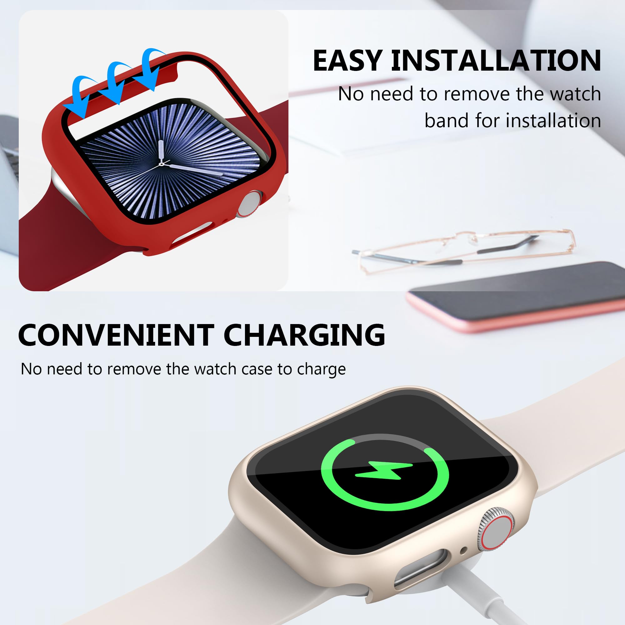 Lot de 28 coques pour Apple Watch Series 10 de 42 mm avec protection d'écran en verre trempé, coque de protection ultra fine et résistante aux chocs, en polycarbonate rigide, protection