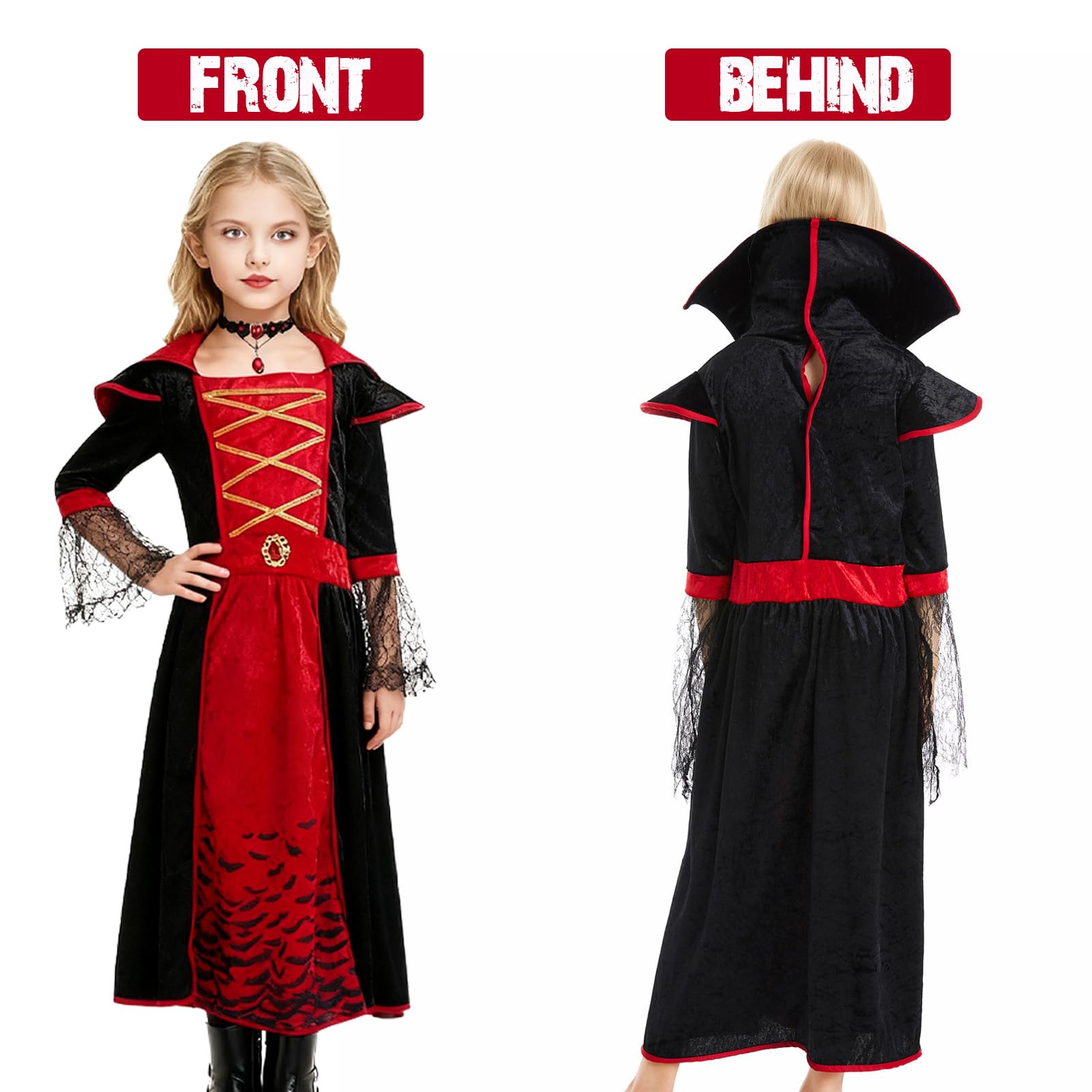 Moerstar Vampire Costume Kids Girls, Halloween Vampire Costume Set including Choker Necklace Earrings - Image 4