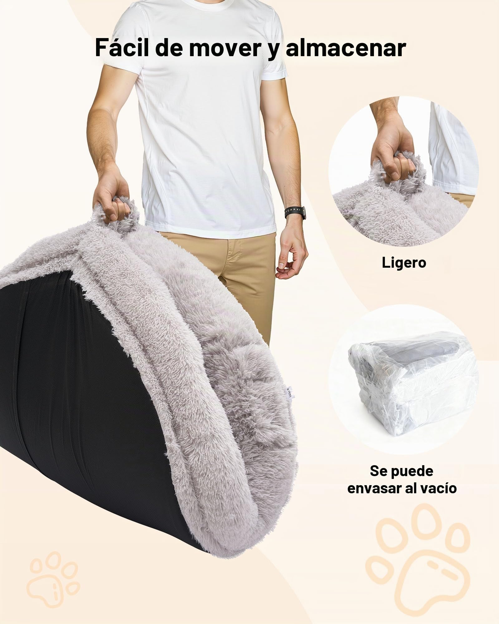 VEVOR Cama para Perros de Diseño Ovalado, de Espuma Viscoelástica, Tamaño Humano, con Bolsillo Lateral, Asa y Cremallera, Funda Extraíble y Lavable a Máquina, Color Gris, 1320 x 860 x 240 mm