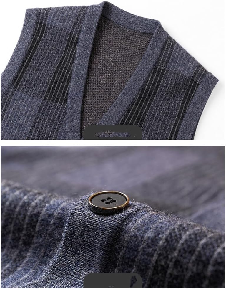 Men's Plaid Jacquard Cardigan Vest V-Neck Thickened Wool Knitted Sleeveless Sweater Vest