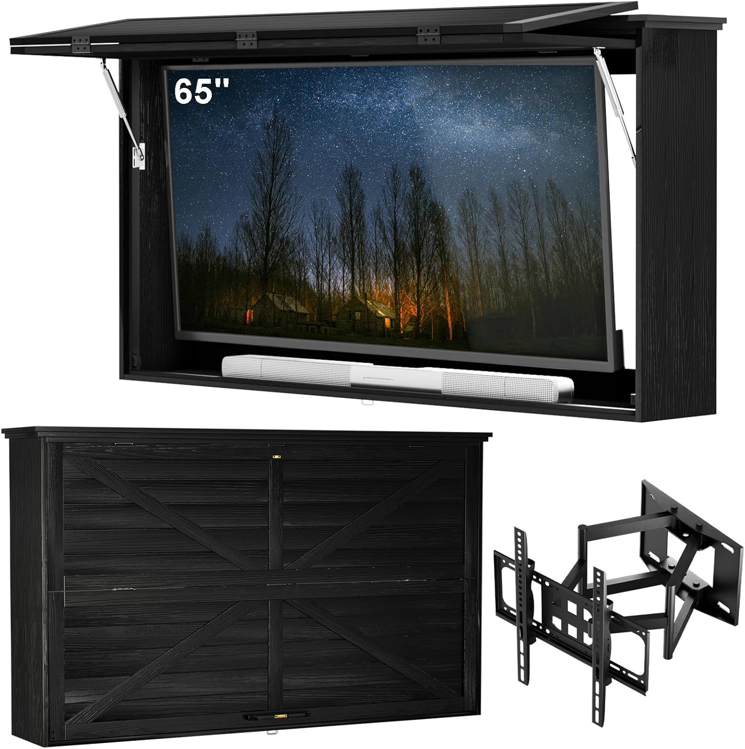 GDLF Outdoor TV Enclosure, 65-Inch Solid Wood Weatherproof TV Cover with Premium Dual-Arm Mount (Fits 60-65 inch), Black