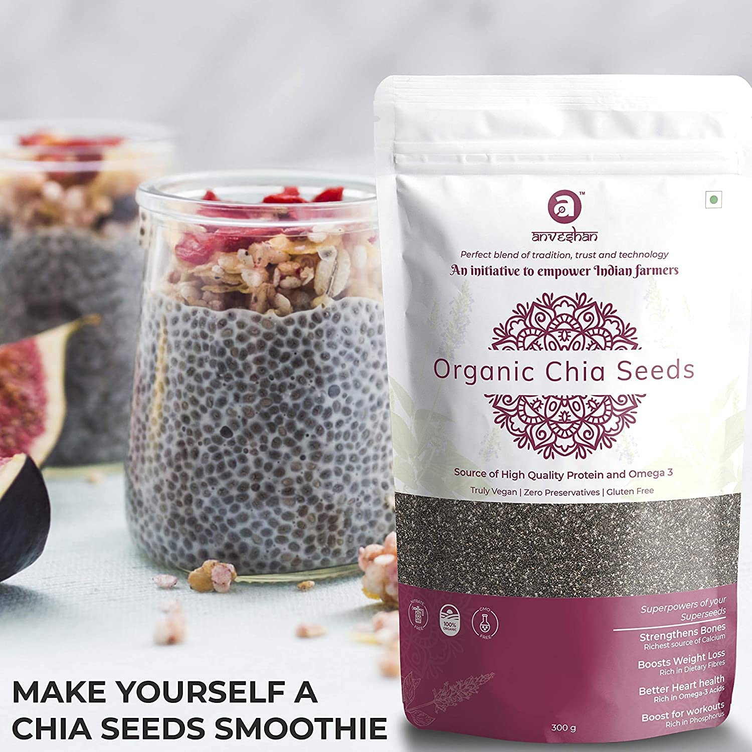 QURA Organiczne nasiona chia | nieprażone, certyfikat USDA, zarządzanie utratą wagi, bogate w kwasy tłuszczowe omega-3, woreczek 300 g