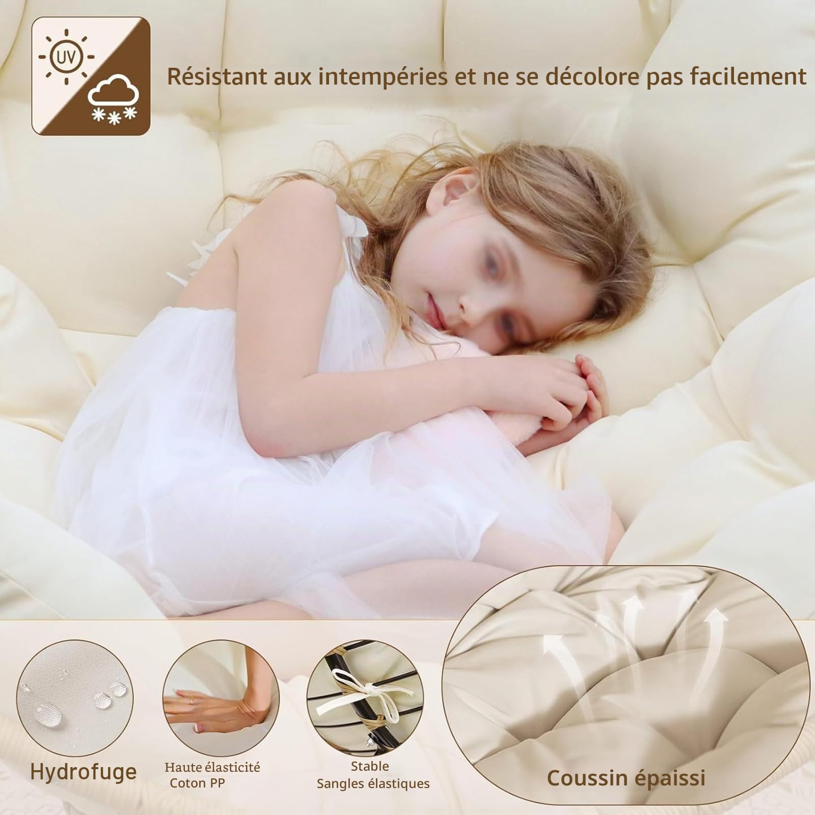 Coussin de chaise à bascule imperméable - Pour le salon - Confortable - Pour l'extérieur et l'intérieur - Coussin pour fauteuil papasan - Double - Pour jardin, terrasse - Noir