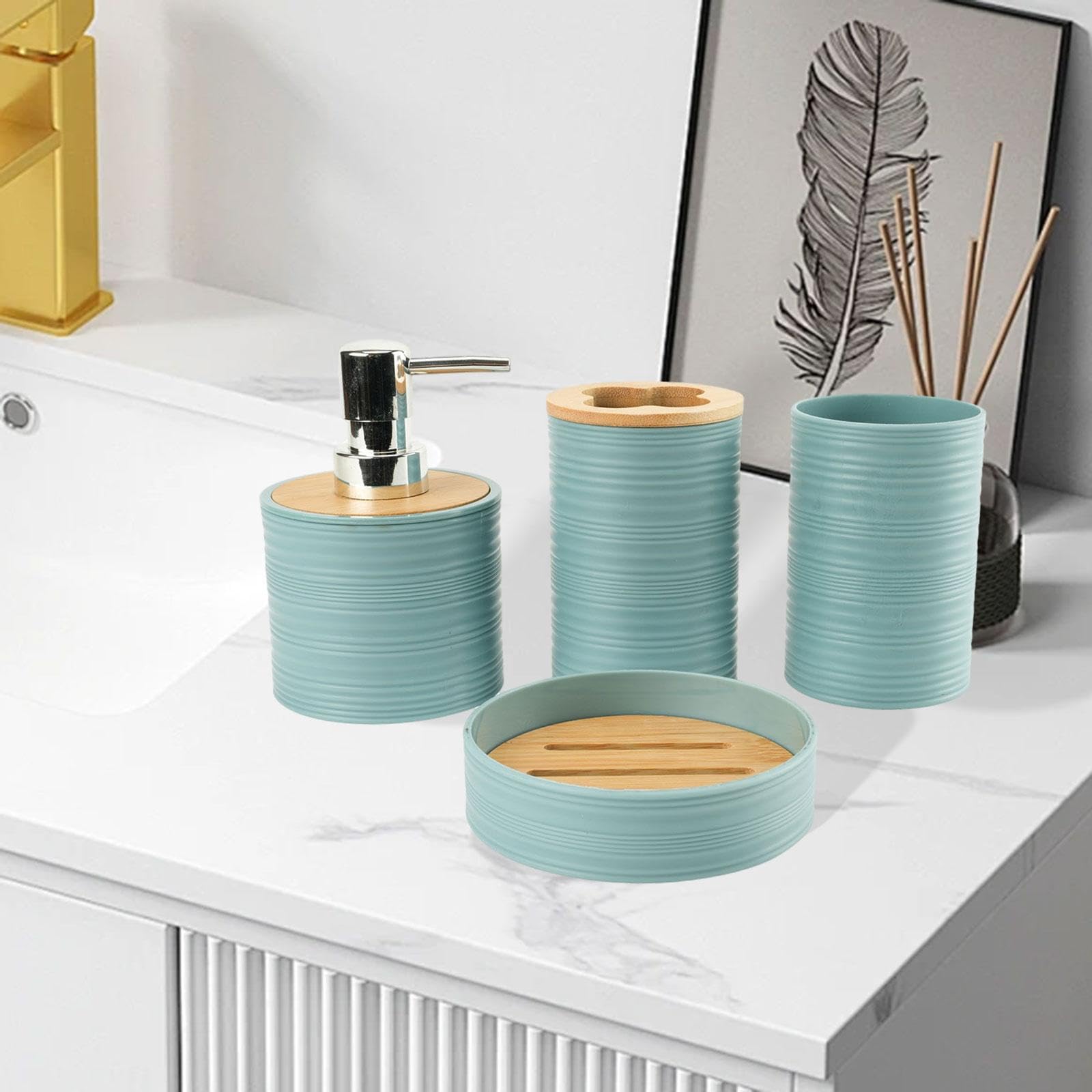 Set di 4 Accessori per Il Bagno, Set Completo di Accessori per Il Bagno, Decorazione per Il Bagno, Porta spazzolino Decorativo per mobiletto da, Blu