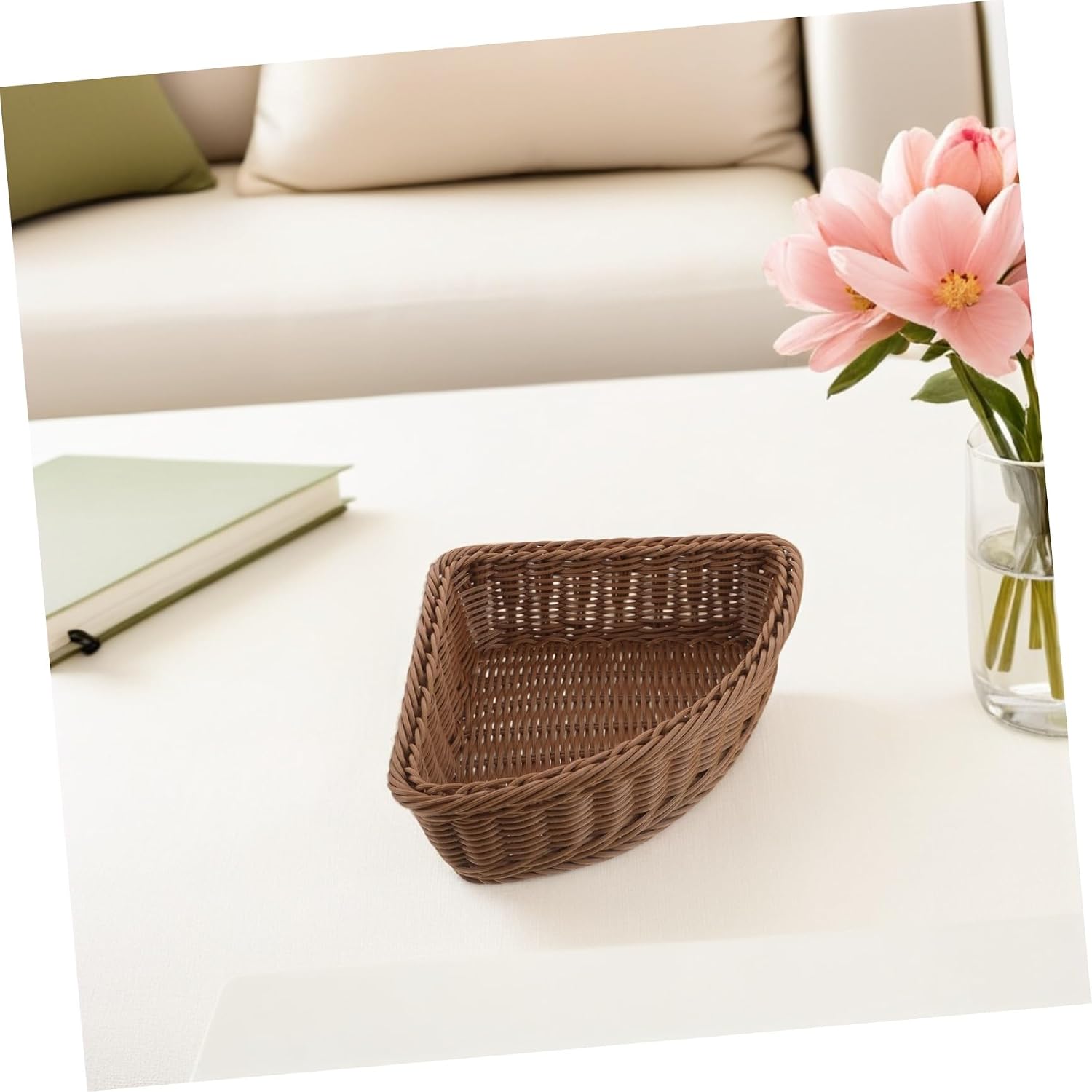 Ipetboom Fan-shaped Corner Shelf Organizer Baskets, 2pcs Plastic Imitation Rattan Storage Bins, Small Woven Trays for Kitchen Countertop and Side Table Organizing