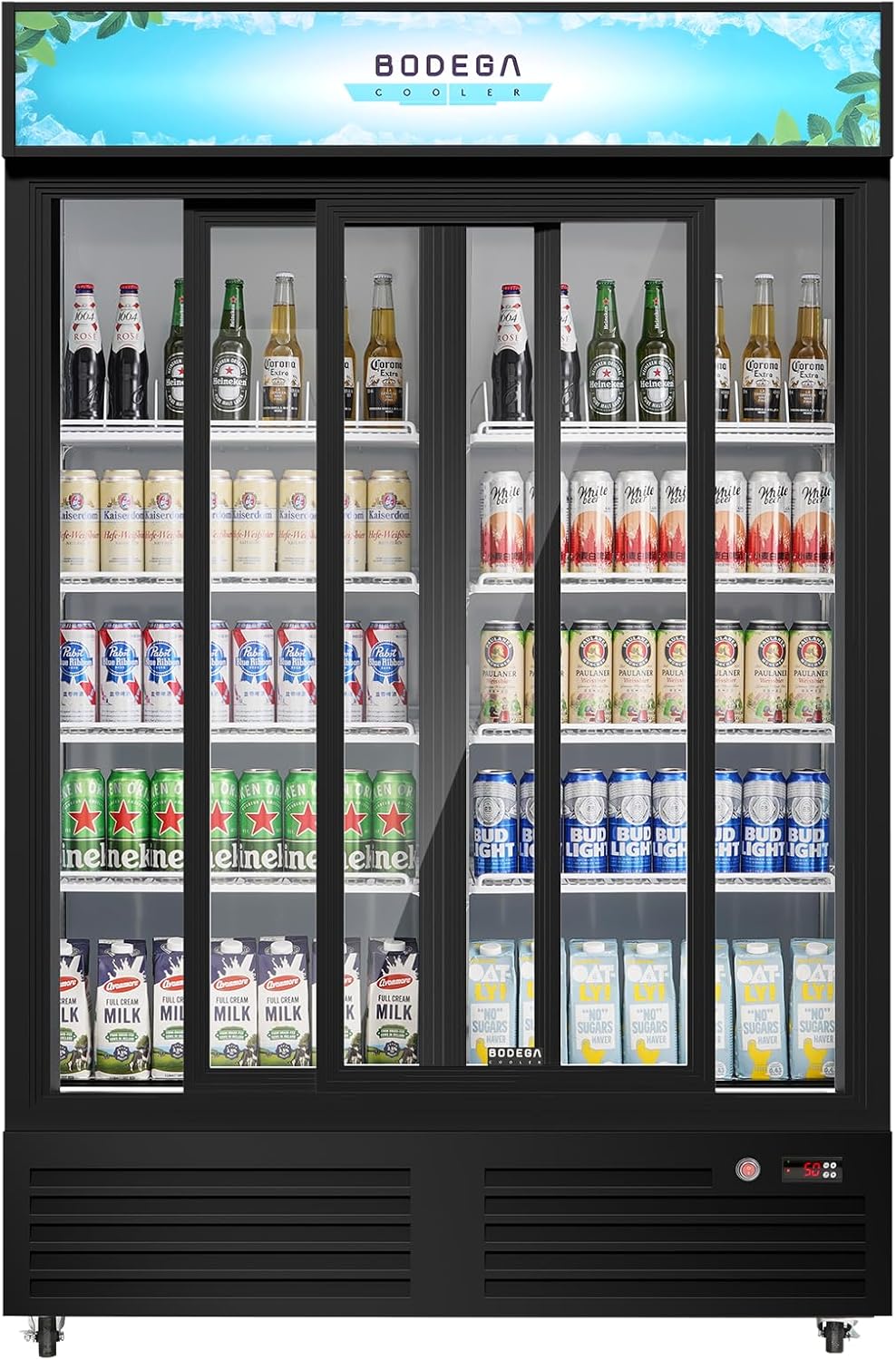 BODEGACOOLER Commercial Merchandiser Refrigerator, Upgrade Automatic Rebound Sliding Door Display Cooler, 2 Glass Door Display Drink Cooler with LED Light, Adjustable Shelves,Castors for Store,Office