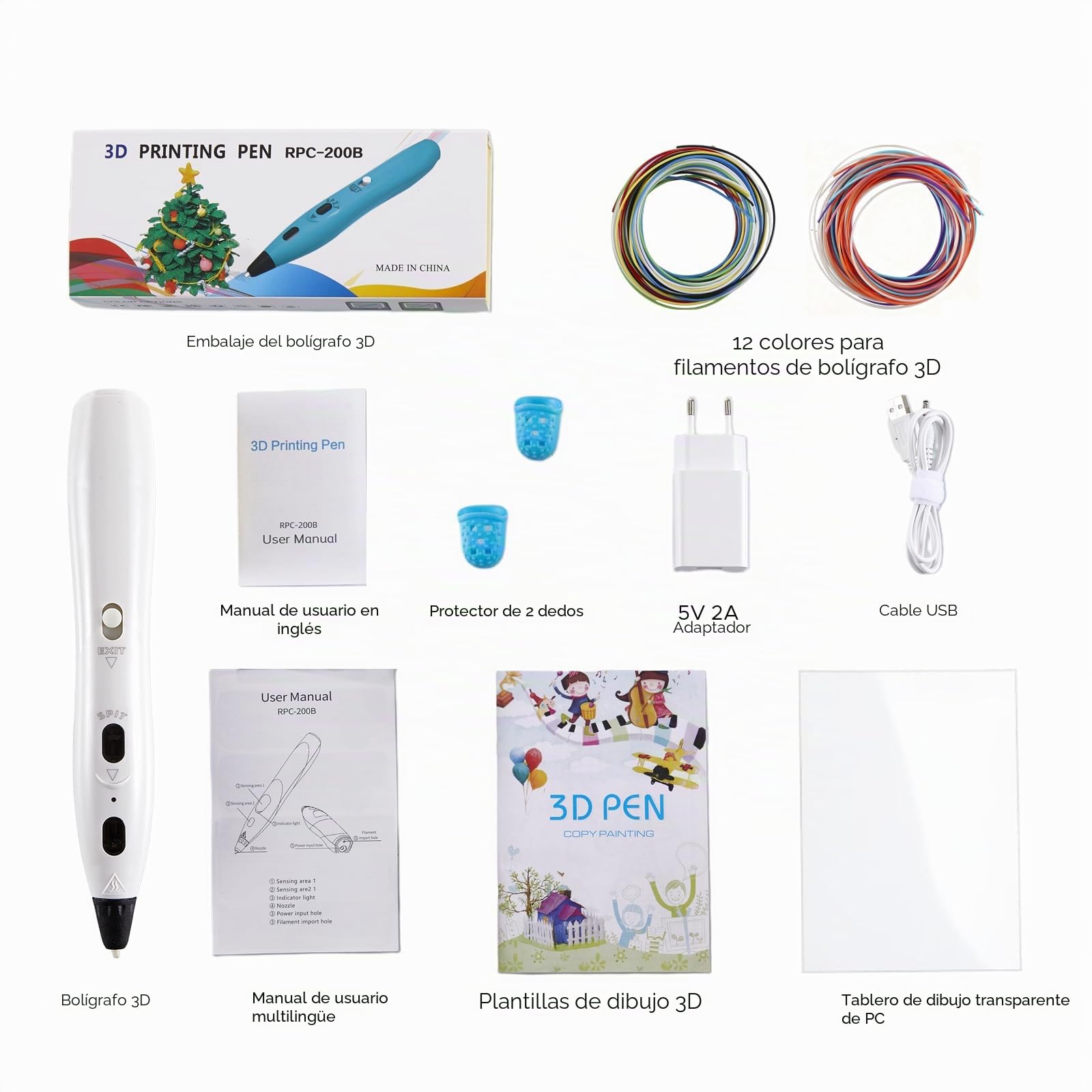 RPC200B Juego de bolígrafo 3D, incluye filamento de plástico PLA de 12 colores, compatible con filamento PLA, Pluma 3D apto 14 años o más o adultos. (blanco)