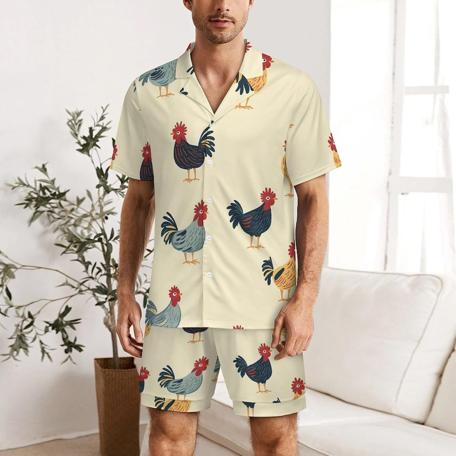 Roosters Chicken Men's Short Sleeve Pajama Set Satin Silk Like Lounge Sleepwear