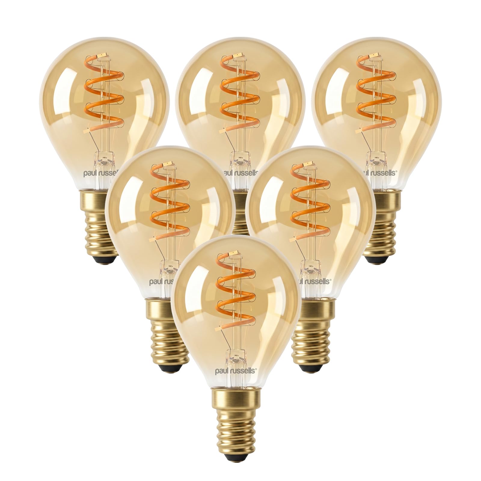 paul russells Dimmable Spiral LED Filament Small Edison Screw Golf Ball Bulb, E14 2.5W (15W Equivalent) - 135LM, 1800K Extra Warm SES Amber Light, G45 Decorative Vintage Lamp – Pack of 6
