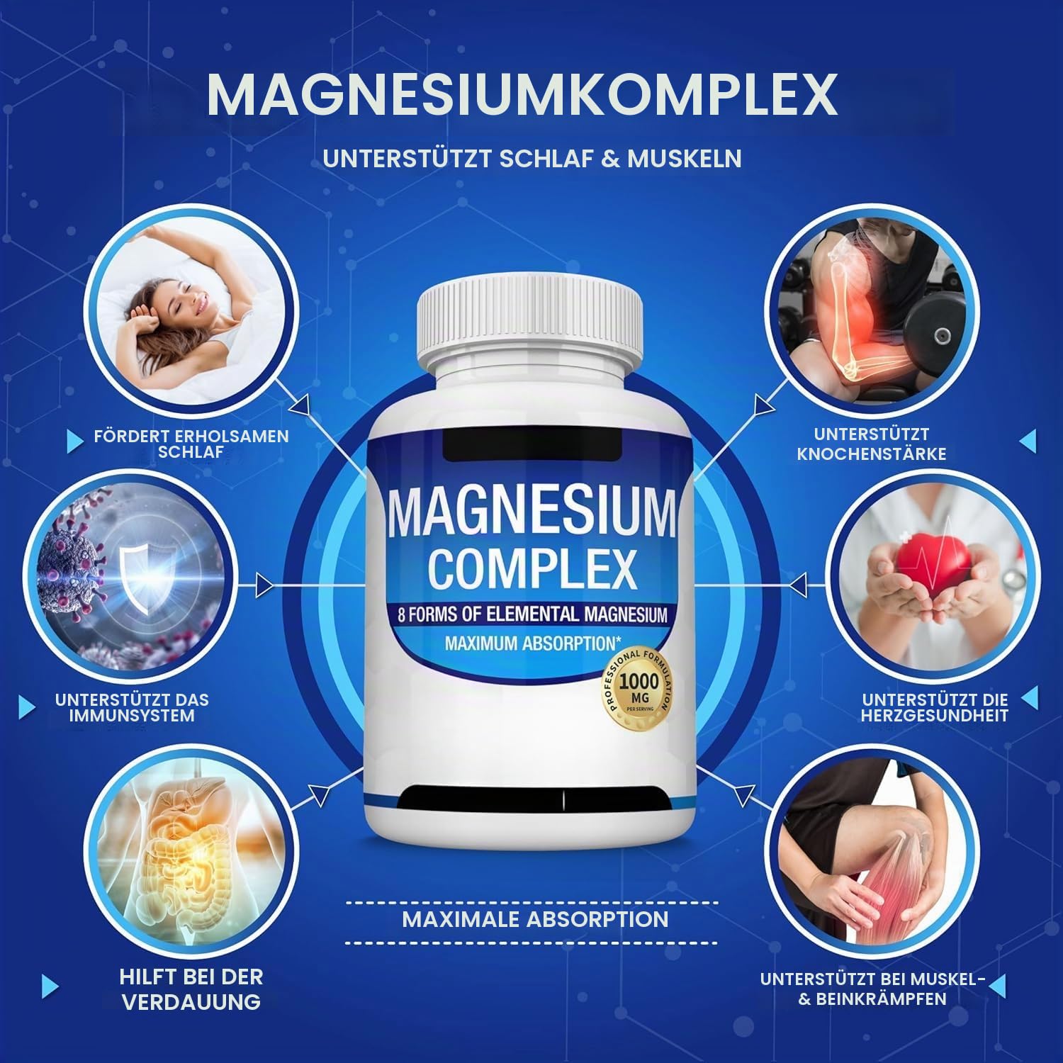 Magnesiumkomplex, 8 in 1, – Glycinat, Citrat, Malat für einfache Absorption, unterstützt Entspannung, Schlaf, Muskelfunktion und Knochengesundheit, Oxid, Aspartat, Orotat, gentechnikfrei