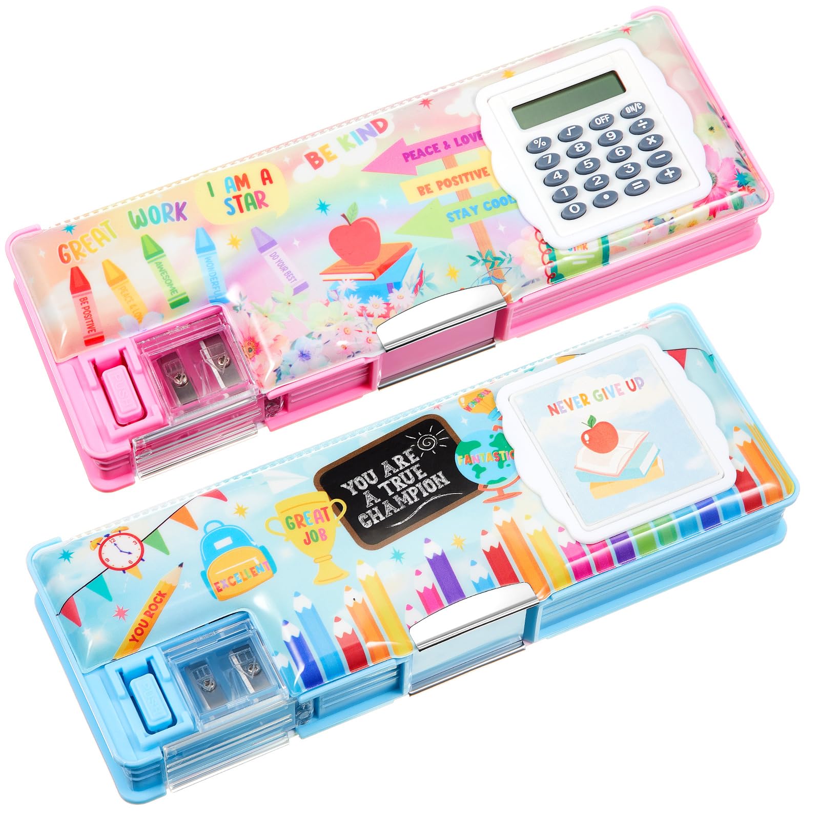 HenoysoHenoyso 2 Pcs Multifunctional Pencil Box for Girls Plastic Cute Pencil Case with Calculator and Sharpener Pen Pouch Gifts(Book, Schoolbag)