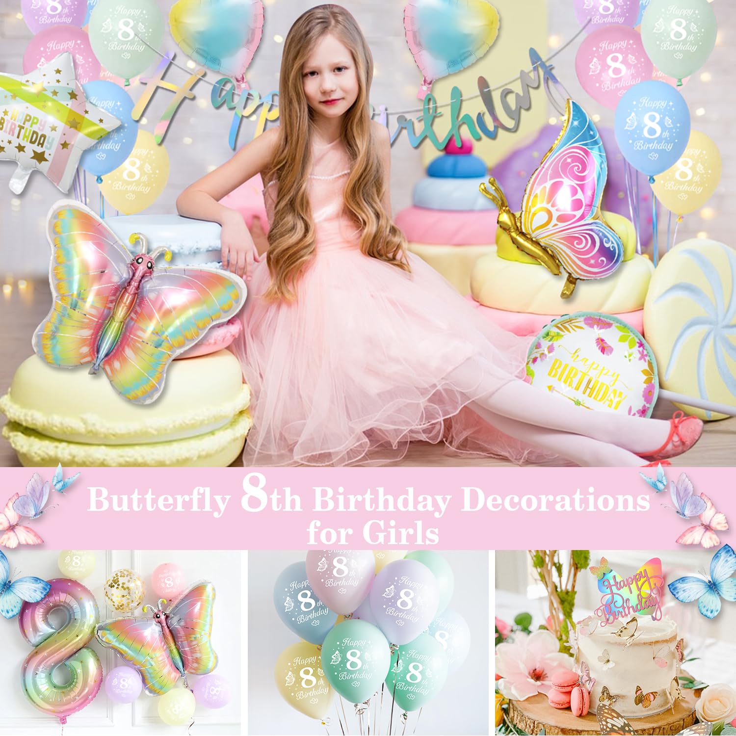 Vlinder Verjaardagsset – Complete Decoratie Met Slinger, Taarttoppers, Hangdecoratie En Servetten, In Roze Pasteltinten