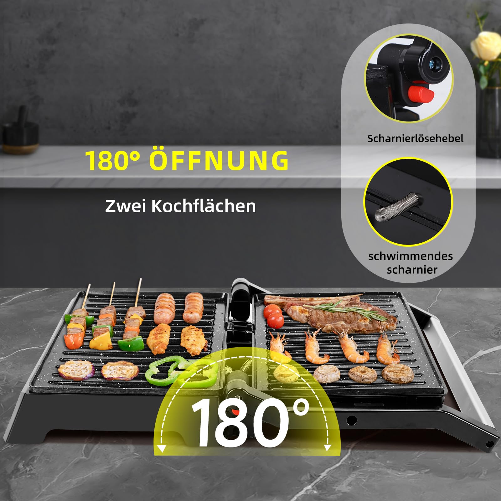 Aigostar Hett Pro Kontaktgrill 1500W Panini Grill Sandwichmaker Antihaftbeschichtung 180º Öffnung
