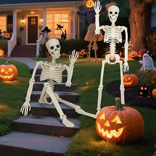 Miniatura 5 de Paquete de 2 esqueletos posables de 36 pulgadas, decoraciones de Halloween esqueleto de tamaño real de 3 pies con articulaciones móviles de cuerpo