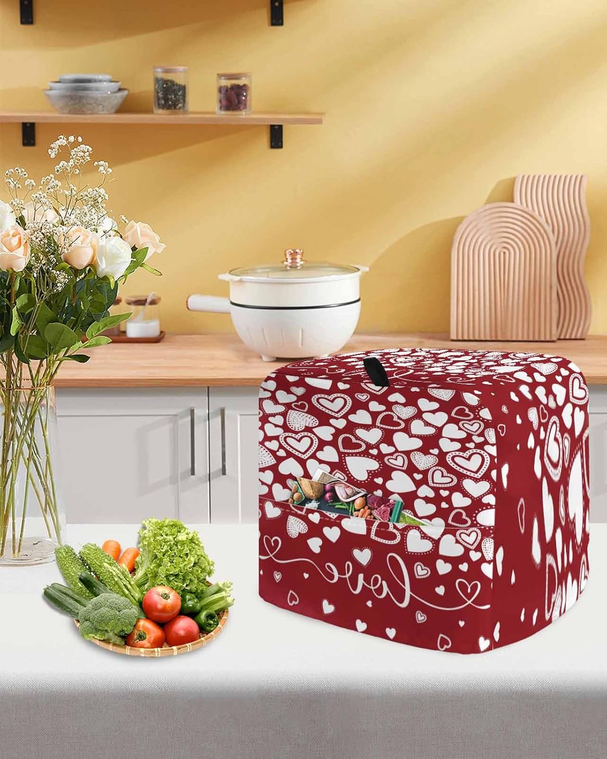 Red White Valentine's Day Stand Mixer Cover with Storage Pocket, Waterproof Kitchen Mixer Covers, Love Heart Modern Art Romantic Kitchen Appliance Dust Cover Compatible with 4/4.5 Quart Mixers